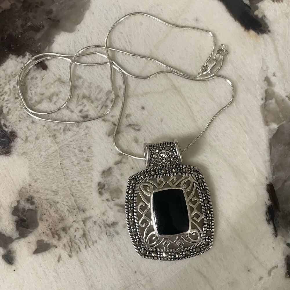 Elegant Sterling Black Onyx & Marcasite Pendant with Sterling Snake Chain